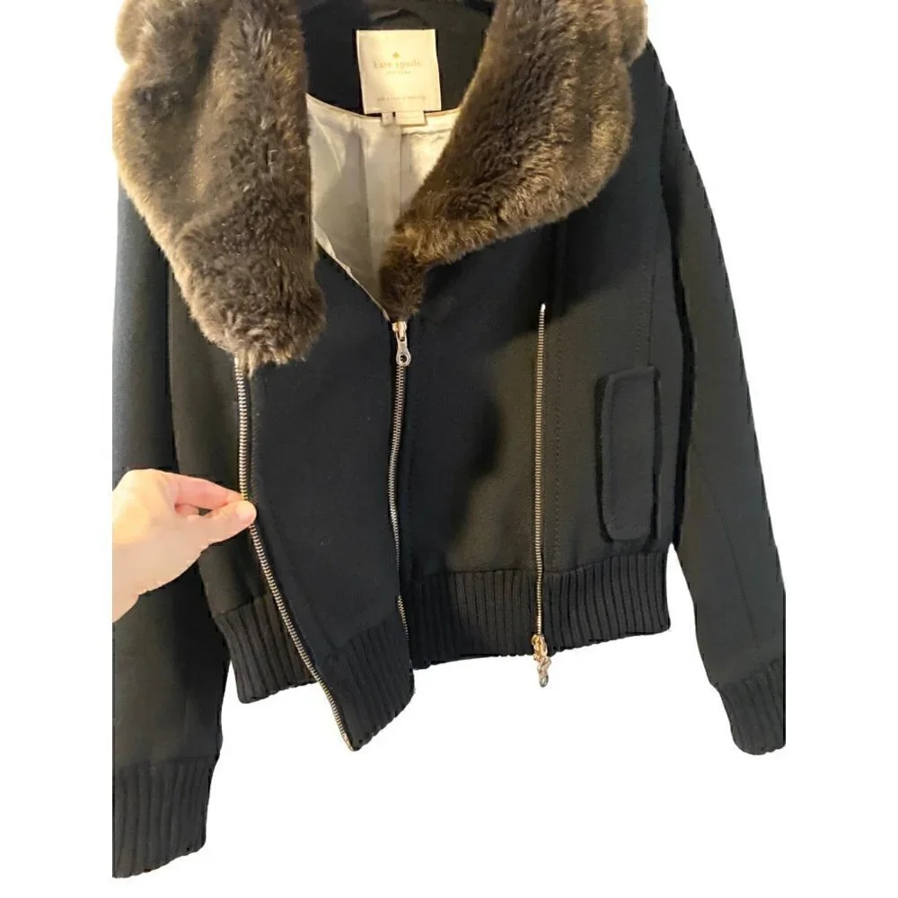 kate spade trina fur collar wool jacket 4 double zipper brown black $698